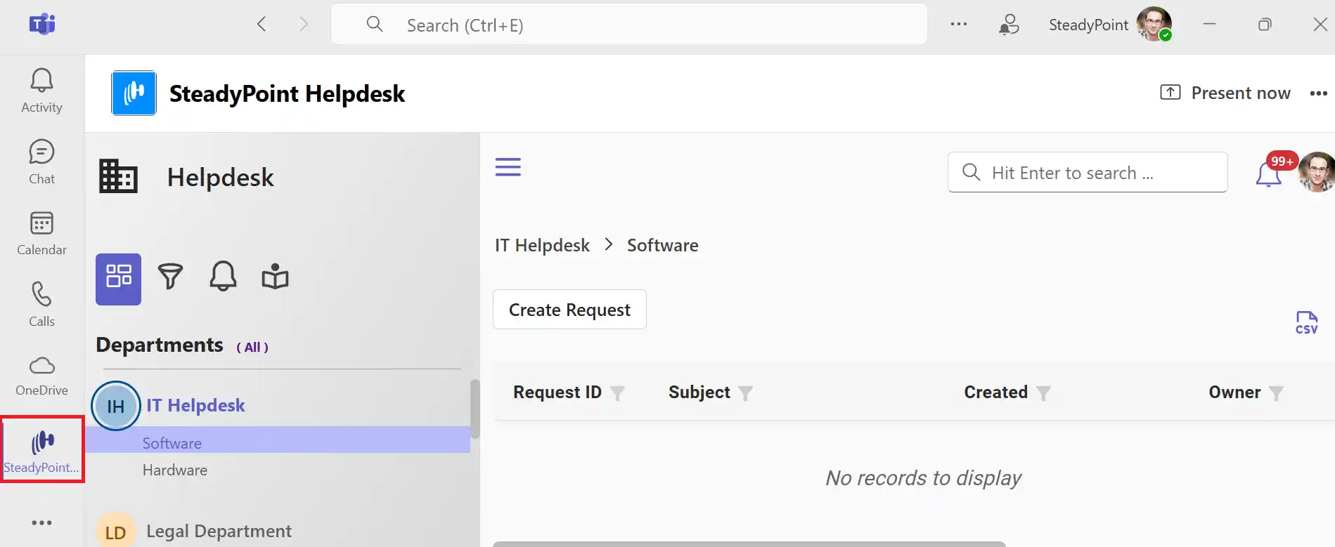 SteadyPoint Helpdesk screen showing opening Create Request in Teams.