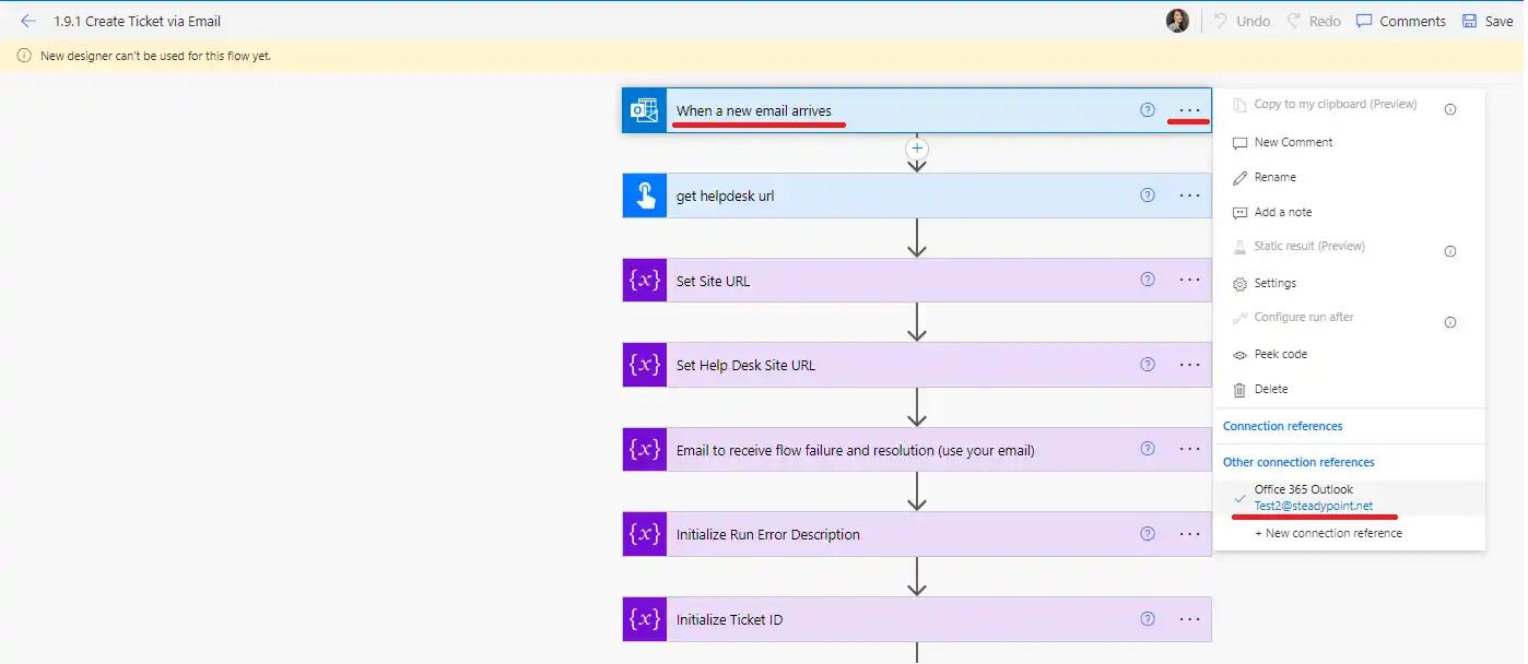 SteadyPoint Helpdesk screen showing steps to configure ticket creation via email in steadypoint sharepoint helpdesk.