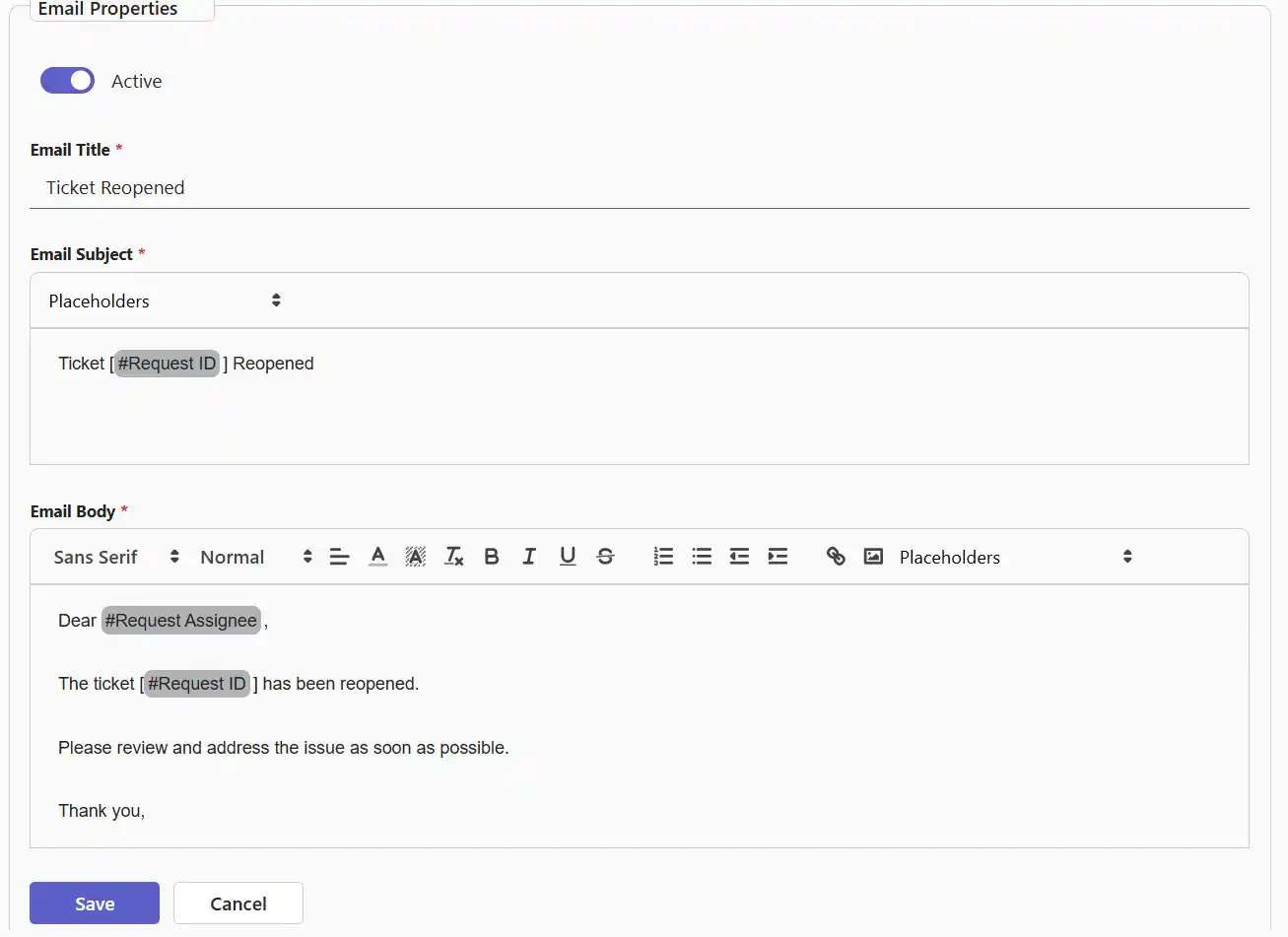 SteadyPoint Helpdesk screen showing custom email template.