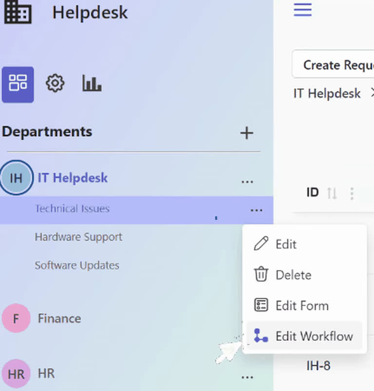 Animation showing how to open the workflow builder from a request type.