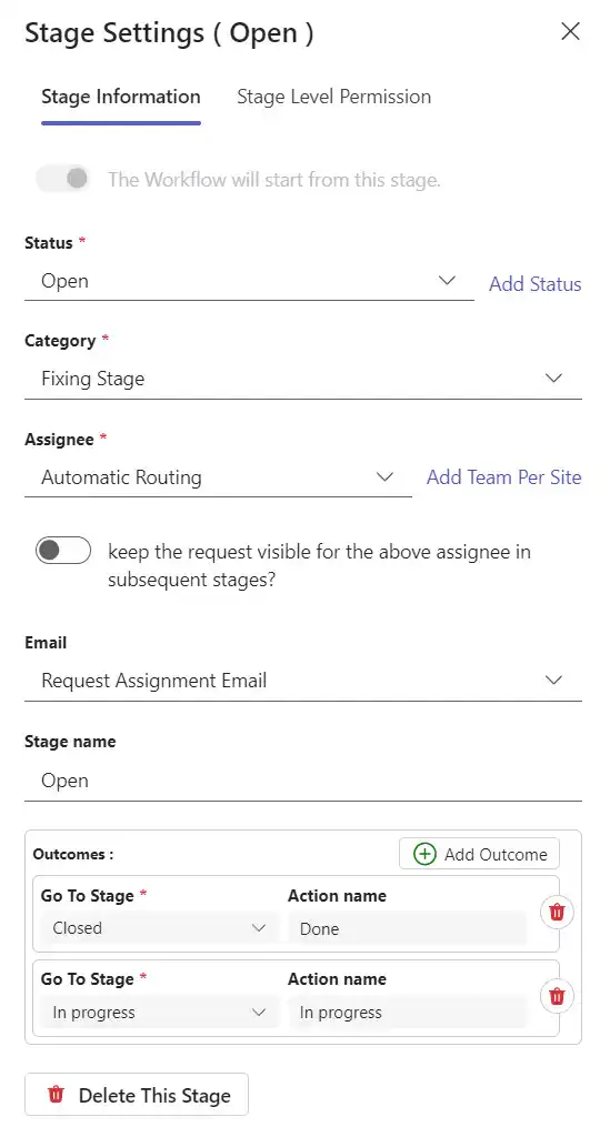 Stage information panel with workflow settings and options.