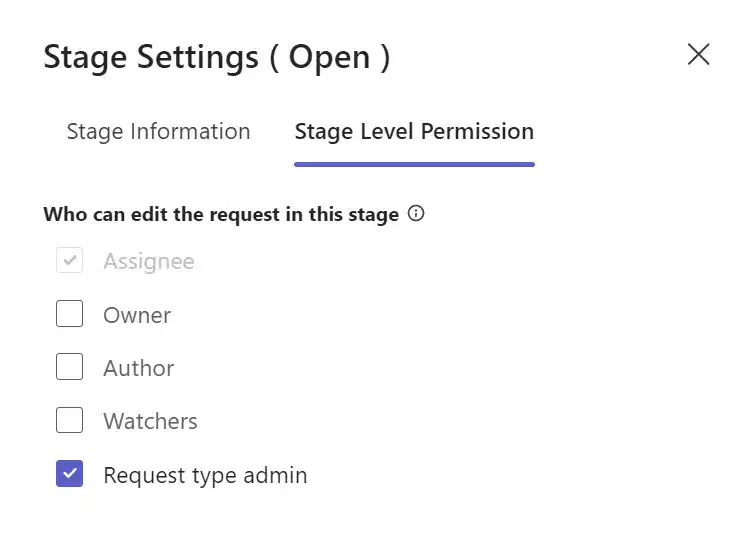Stage-level permissions screen for who can edit fields, watchers, and attachments.