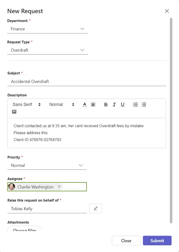 Example ticket in the creation stage inside SteadyPoint Helpdesk.