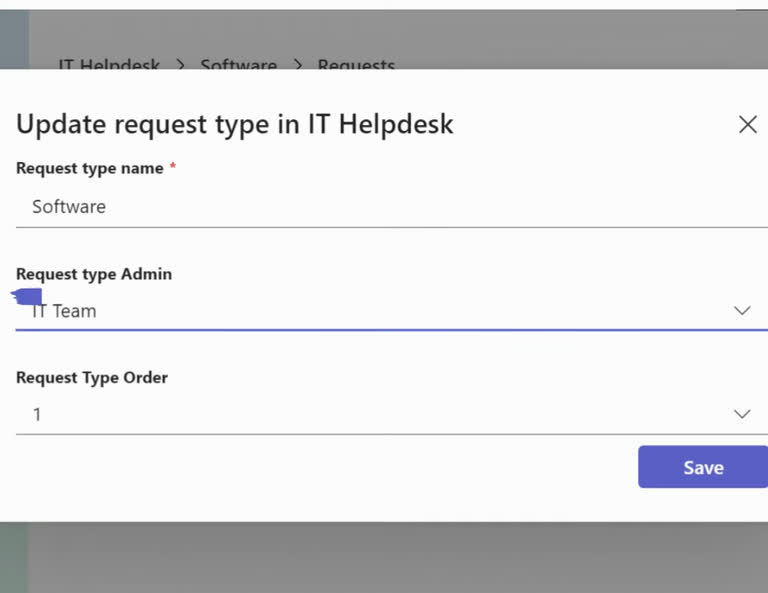 SteadyPoint Helpdesk screen showing request type admin assignment.