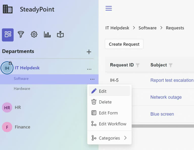 SteadyPoint Helpdesk screen showing request type edit settings.