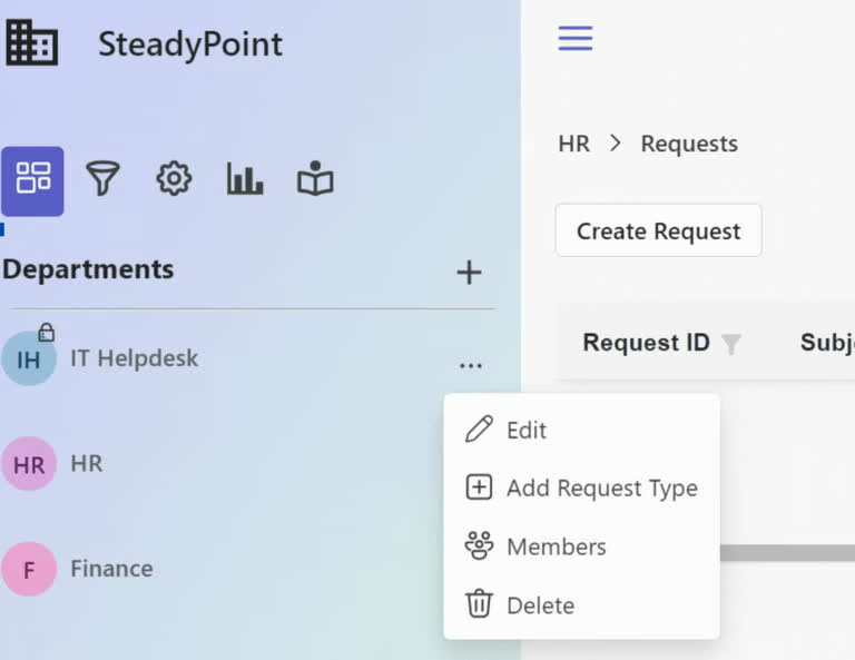 SteadyPoint Helpdesk screen showing department member settings.