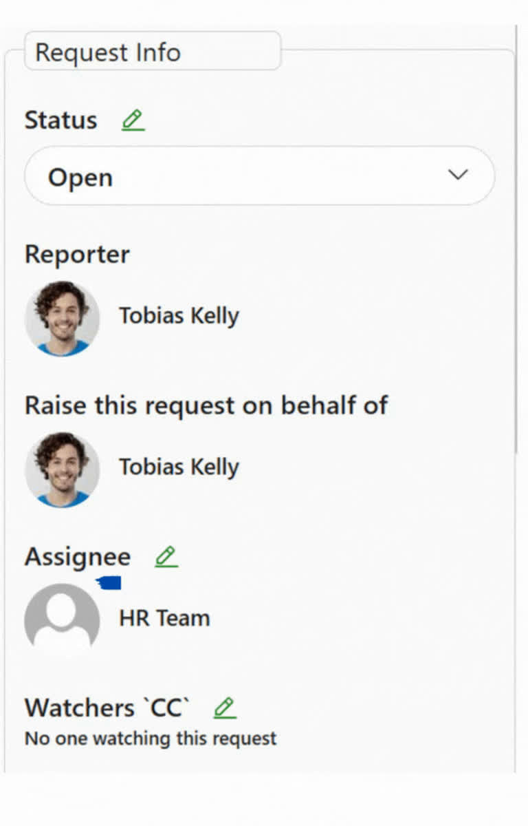 SteadyPoint Helpdesk screen showing modifying the assignee when a new ticket is raised.