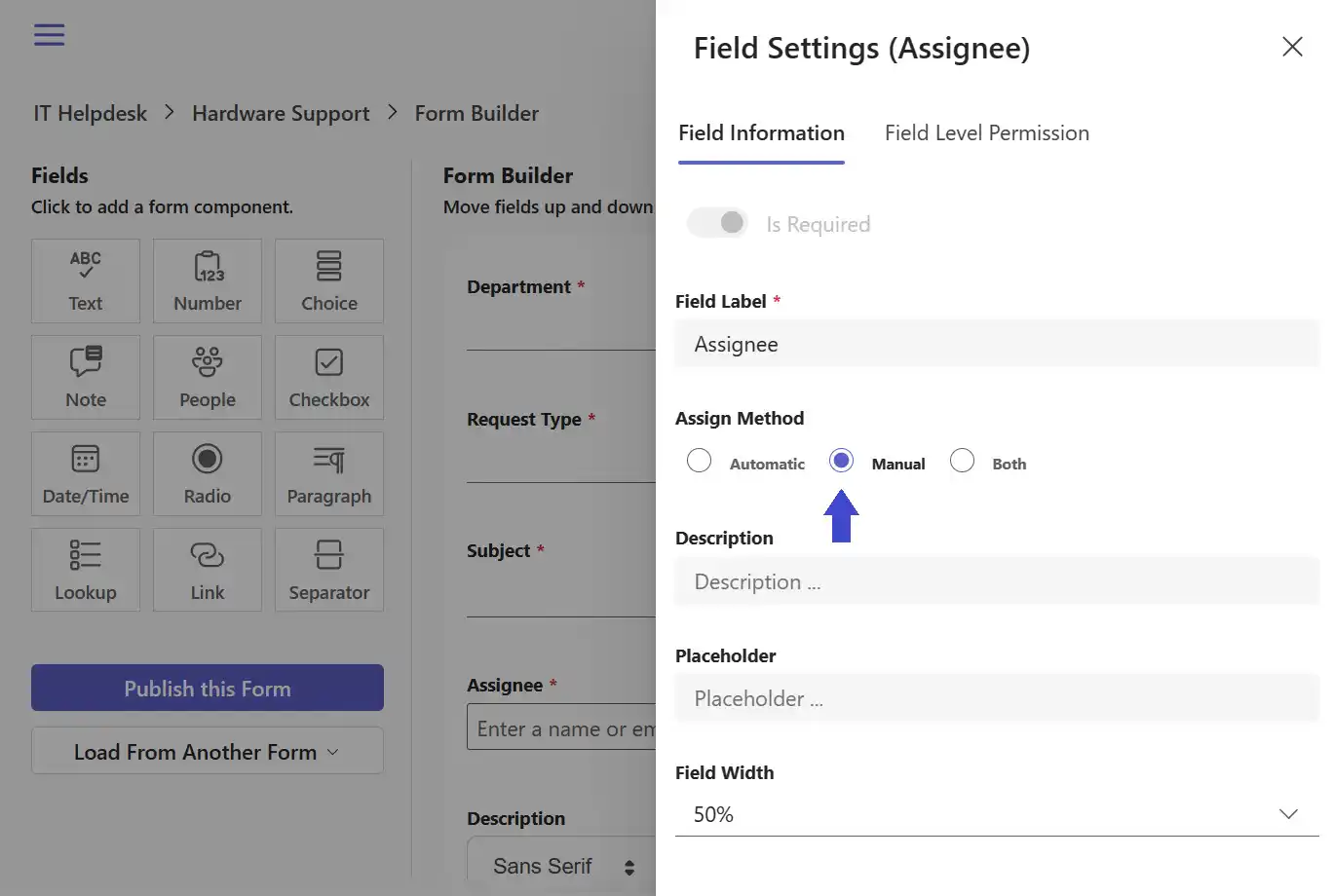 SteadyPoint Helpdesk screen showing manual assignment.