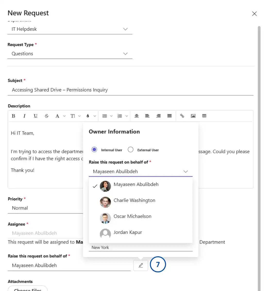 SteadyPoint Helpdesk screen showing raise request on behalf of field.