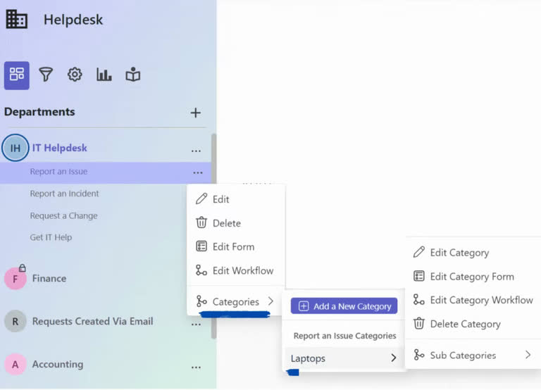 SteadyPoint Helpdesk screen showing creating subcategories in steadypoint office 365 ticketing system.