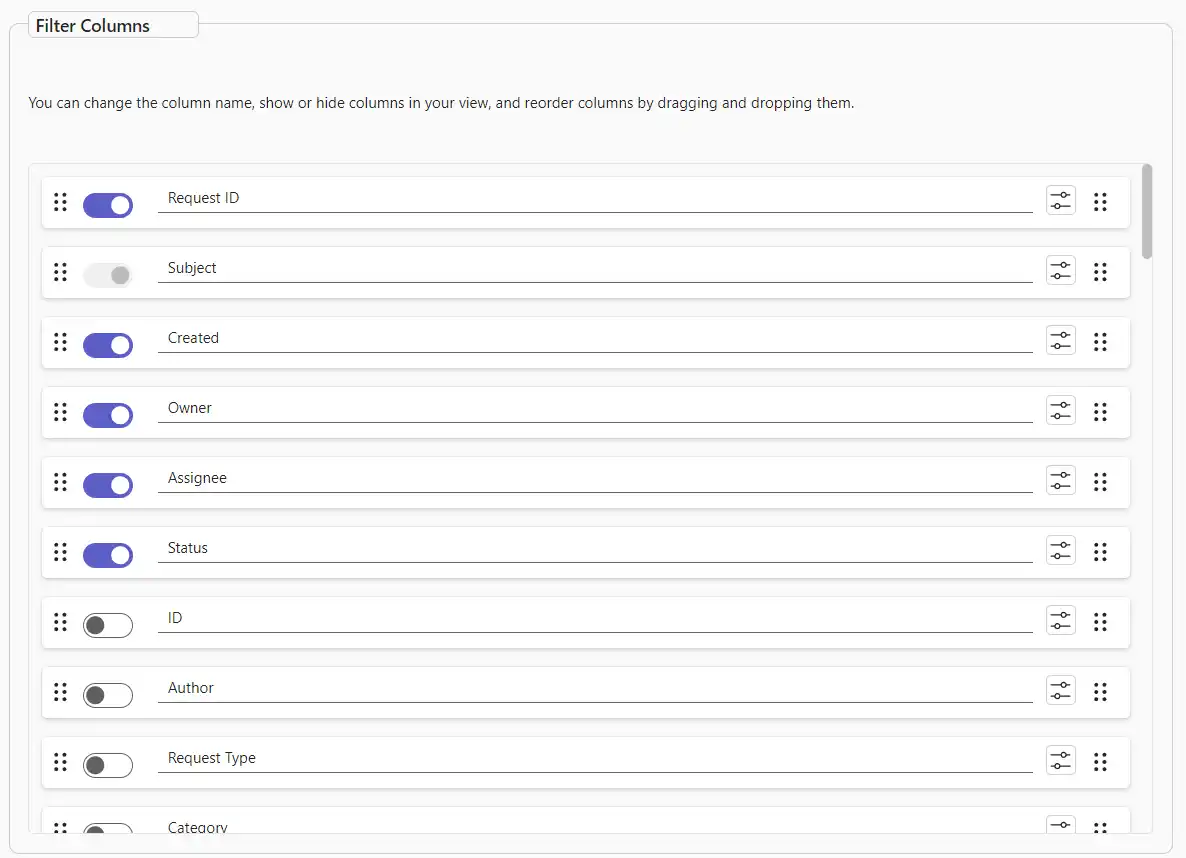 SteadyPoint Helpdesk screen showing column selection for filters.