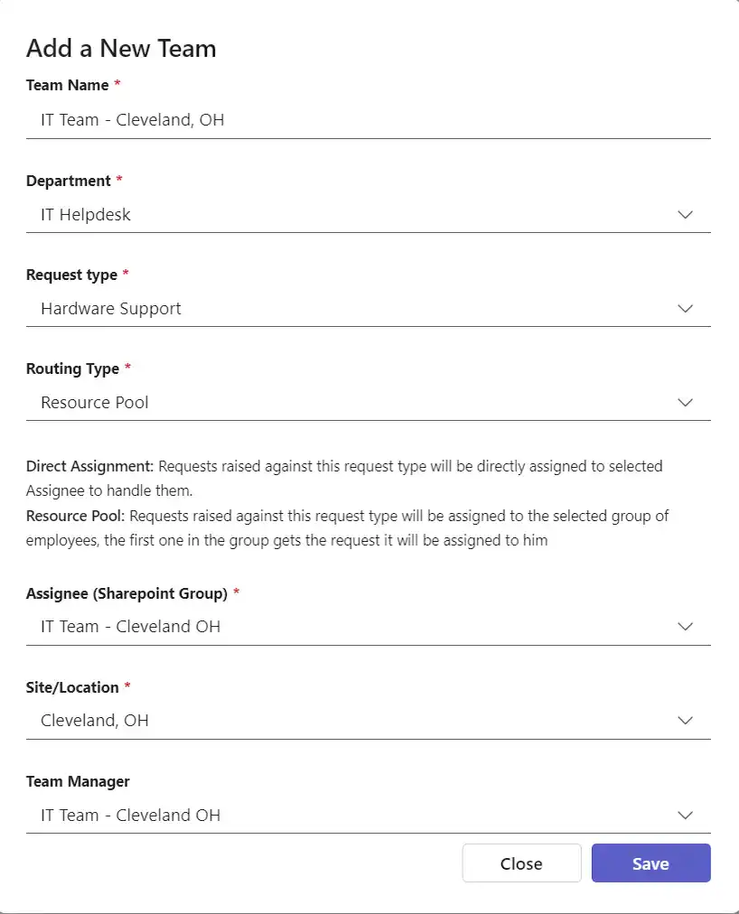 SteadyPoint Helpdesk screen showing add a team.