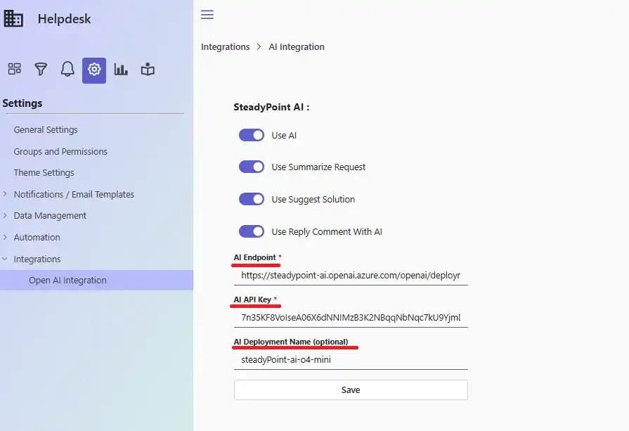 SteadyPoint Helpdesk screen showing how to configure ai integration in steadypoint helpdesk.