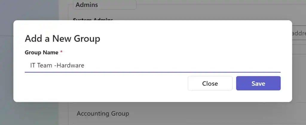 SteadyPoint Helpdesk screen showing create a group name.