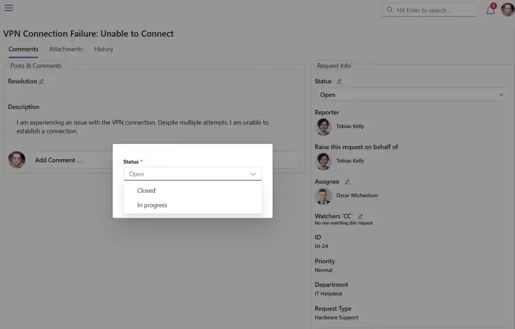 SteadyPoint Helpdesk screen showing full ticket.