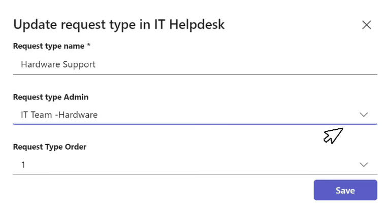 SteadyPoint Helpdesk screen showing assign the group a request type admin permission.