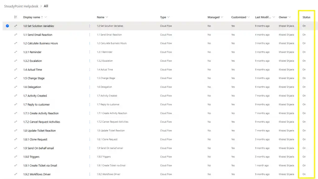 Flows list with enabled status