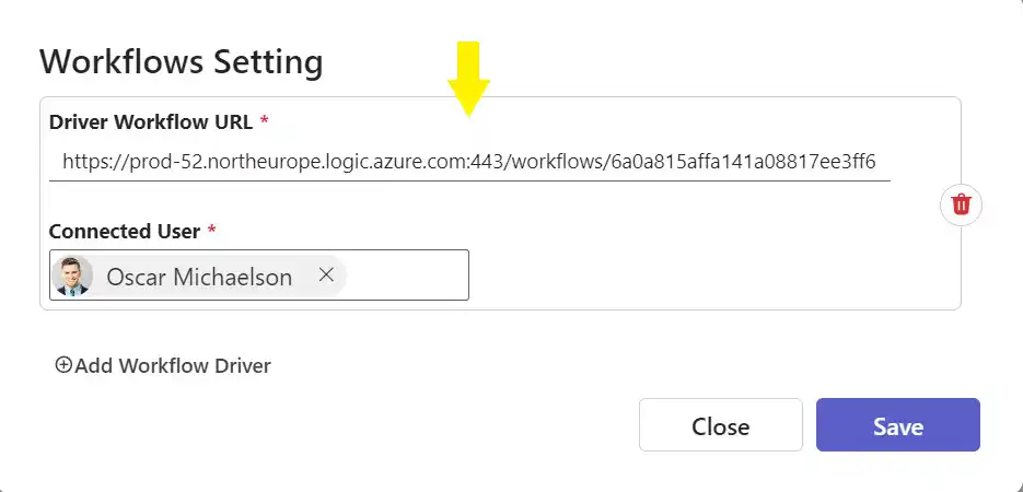 Configure triggers workflow URL panel