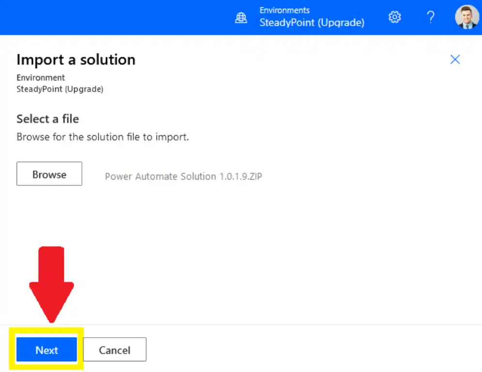 Next button while importing solution