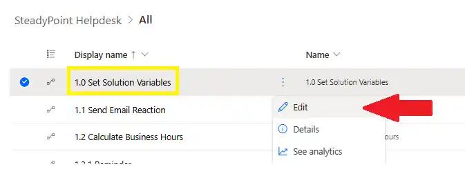 Set Solution Variables edit option