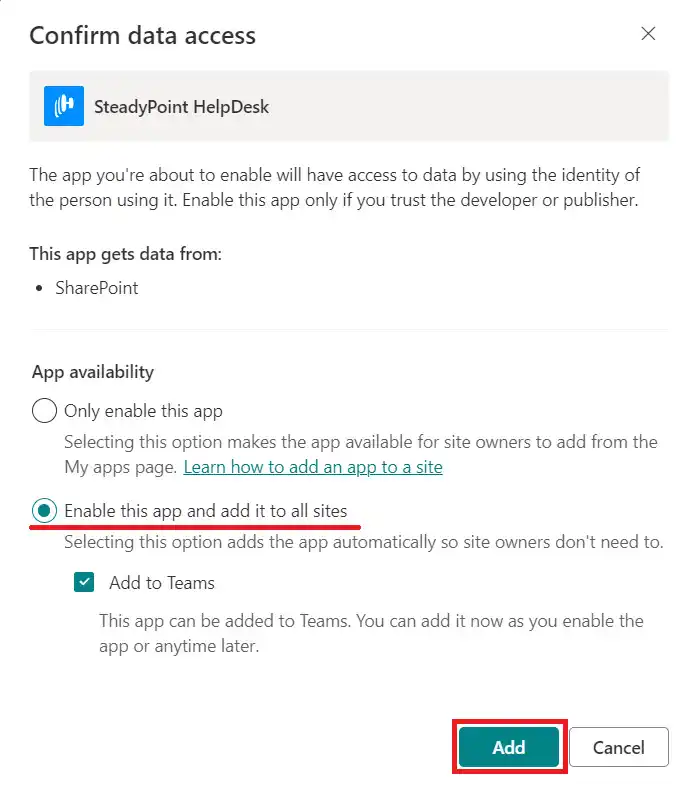 SteadyPoint Helpdesk screen showing how to install steadypoint helpdesk from sharepoint admin center.