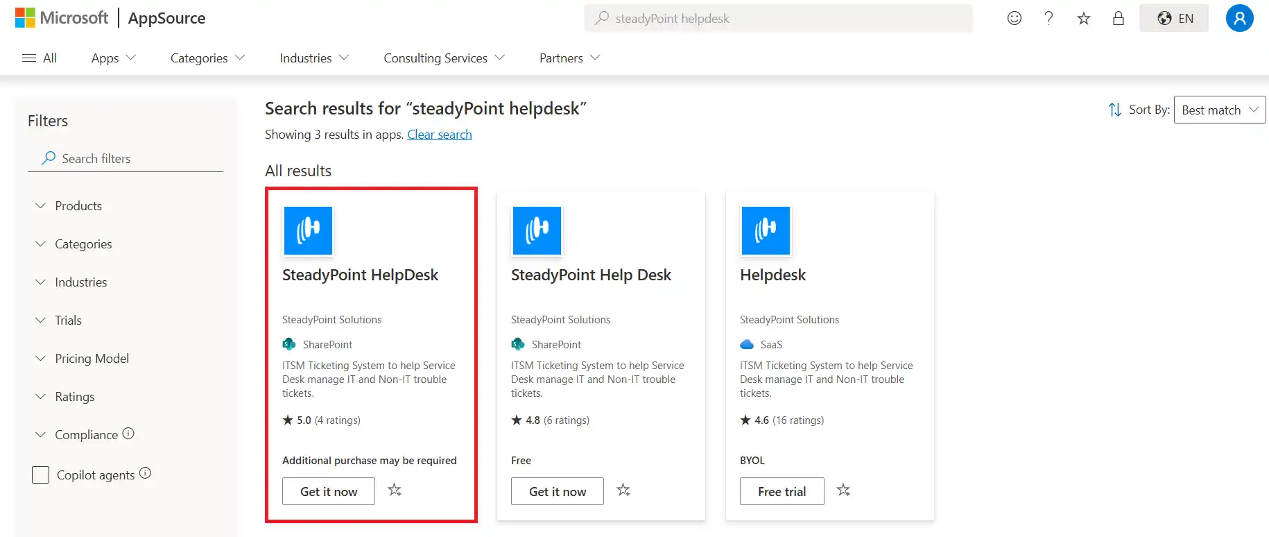 SteadyPoint Helpdesk screen showing how to install steadypoint helpdesk from microsoft appsource.