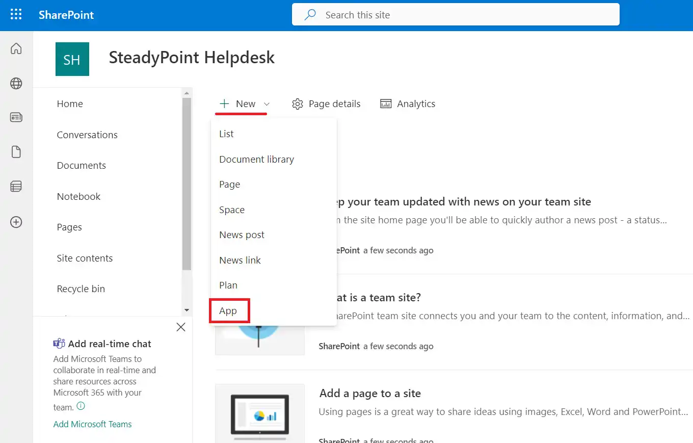 SteadyPoint Helpdesk screen showing how to install steadypoint helpdesk from sharepoint admin center.