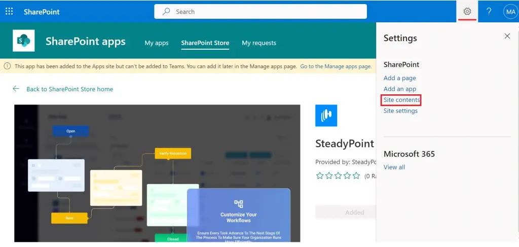 SteadyPoint Helpdesk screen showing how to install steadypoint helpdesk from sharepoint admin center.
