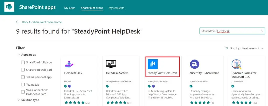 SteadyPoint Helpdesk screen showing how to install steadypoint helpdesk from sharepoint admin center.