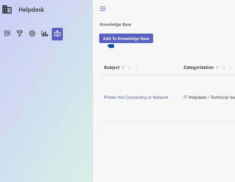 SteadyPoint Helpdesk screen showing add to knowledge base.