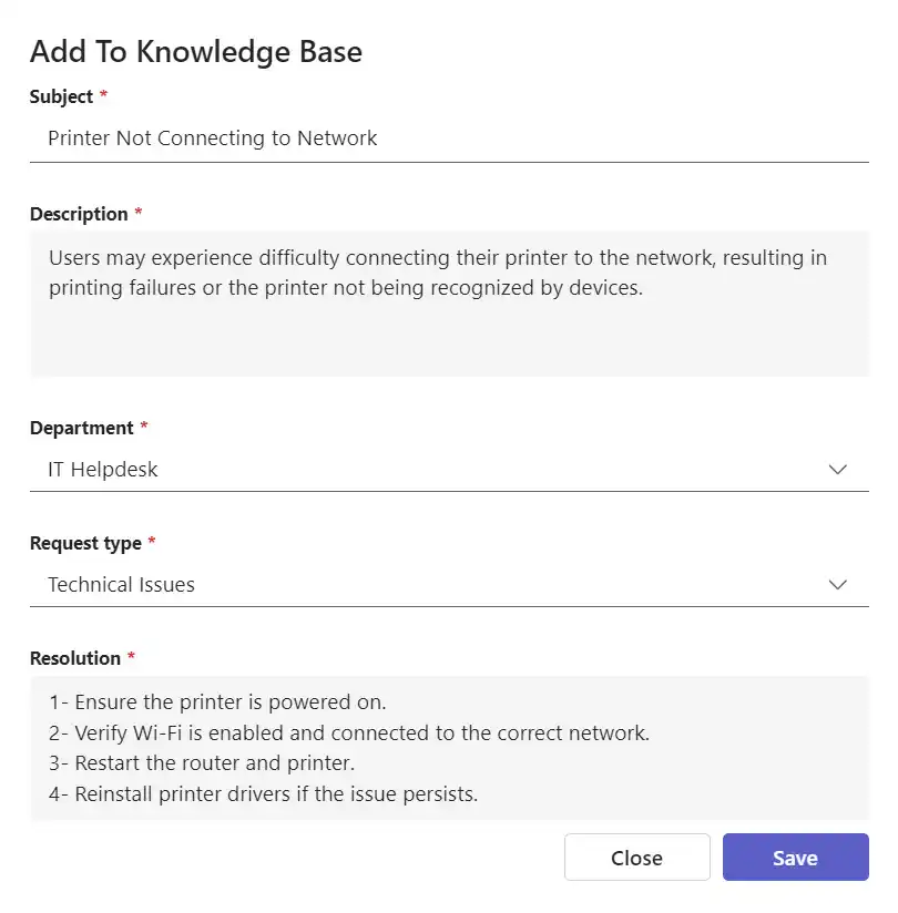 SteadyPoint Helpdesk screen showing adding new entries to the knowledge base.
