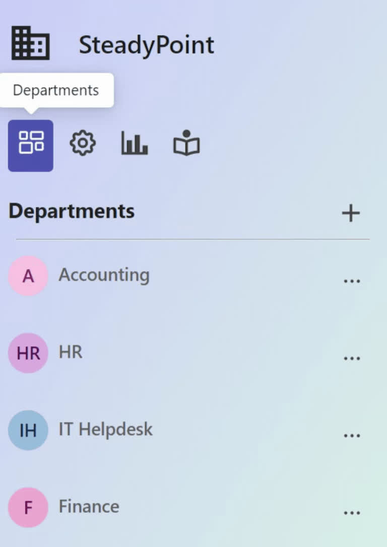 SteadyPoint Helpdesk screen showing departments.