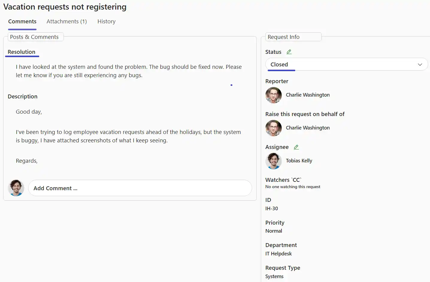 SteadyPoint Helpdesk screen showing closed ticket.