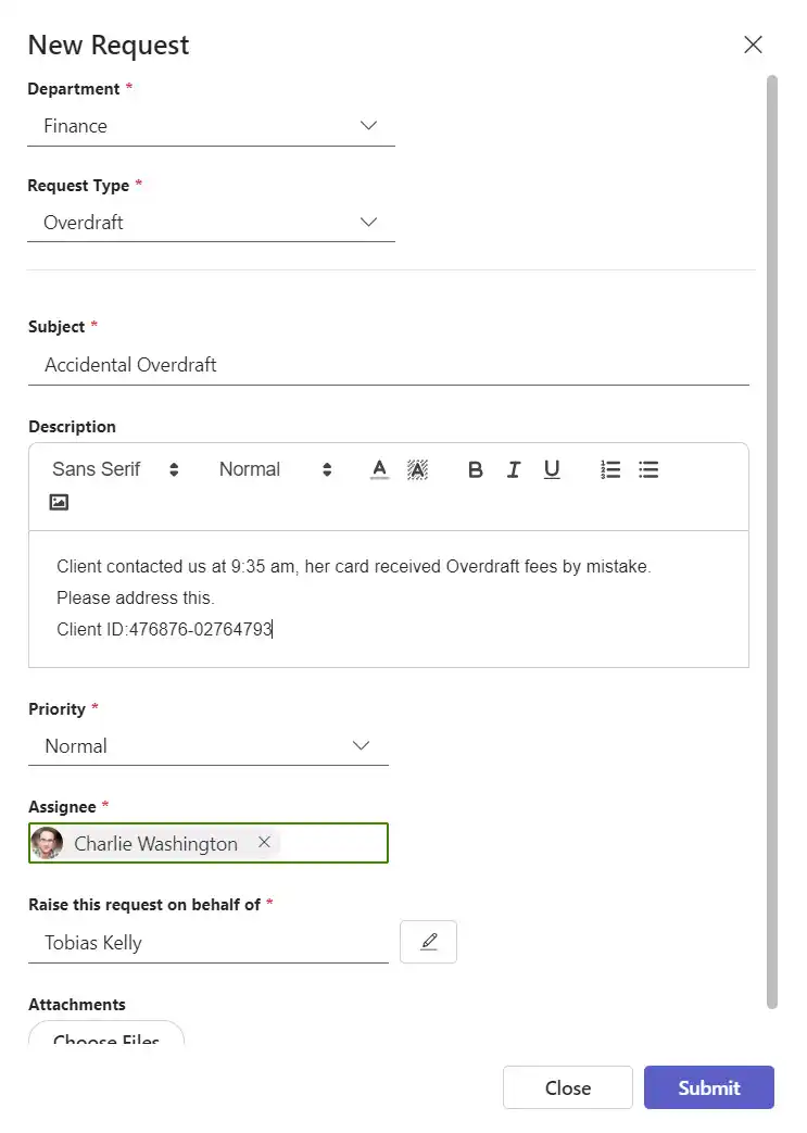 SteadyPoint Helpdesk screen showing finance ticket.