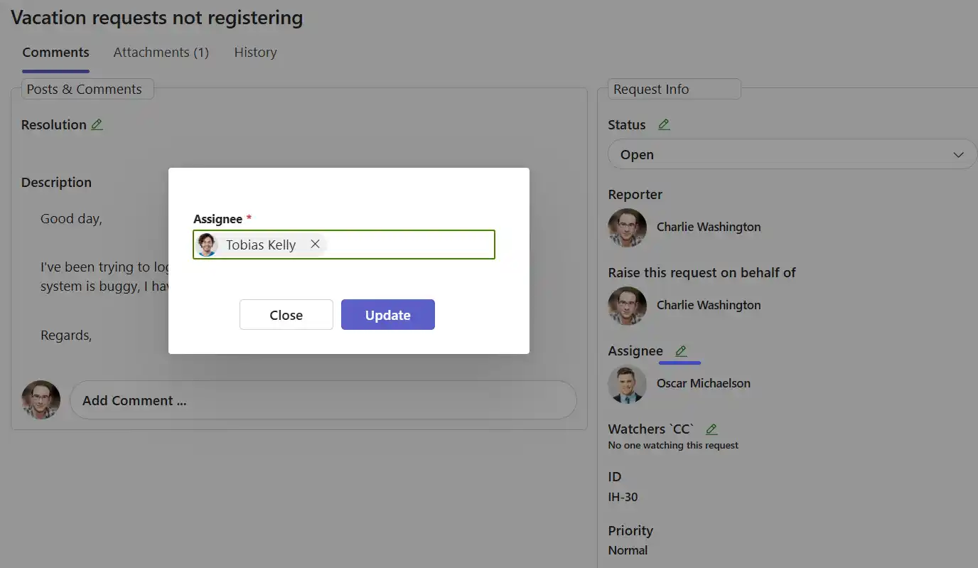 SteadyPoint Helpdesk screen showing ticket reassigned to Tobias.