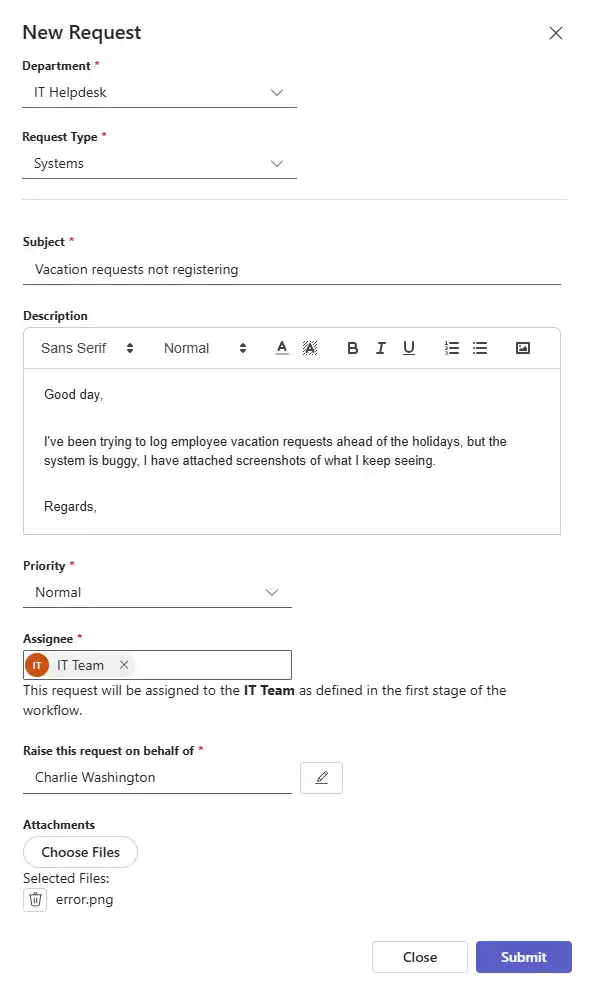 SteadyPoint Helpdesk screen showing created ticket.
