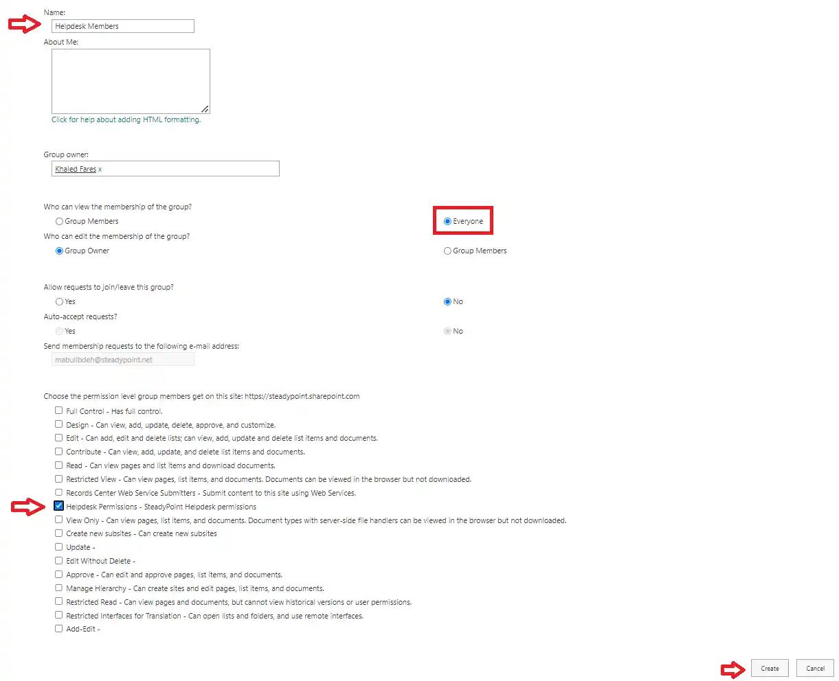 SteadyPoint Helpdesk screen showing permission assignment to group.