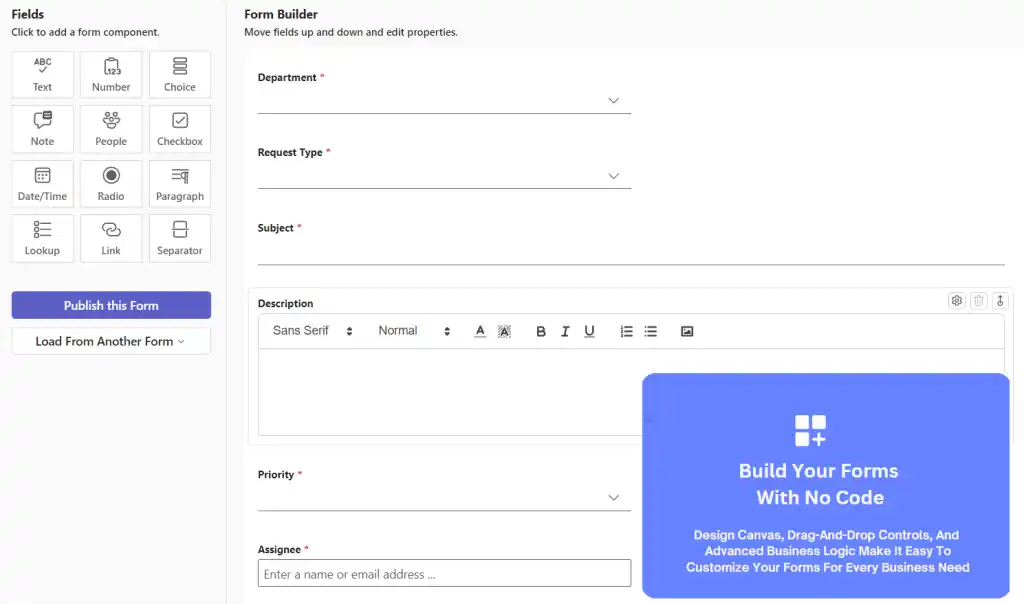 SteadyPoint Helpdesk form builder with customizable ticket form fields.
