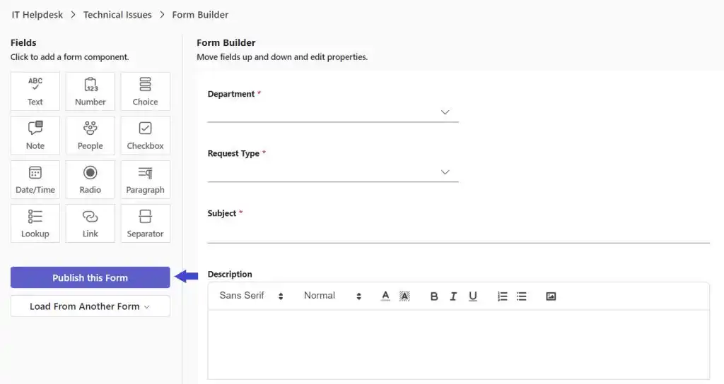 Publish form action to apply updated form settings.