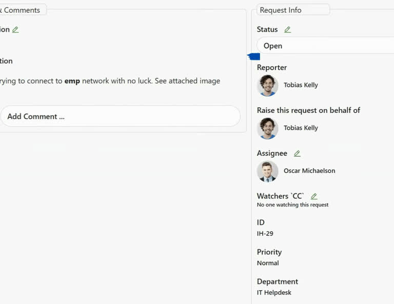 SteadyPoint Helpdesk screen showing move to in progress stage.