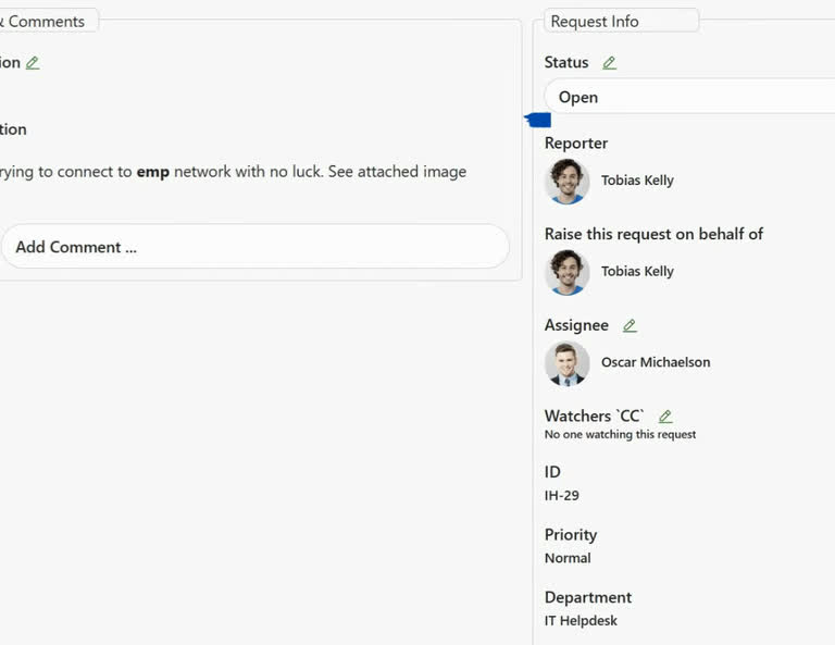 SteadyPoint Helpdesk screen showing closing a ticket from open stage.