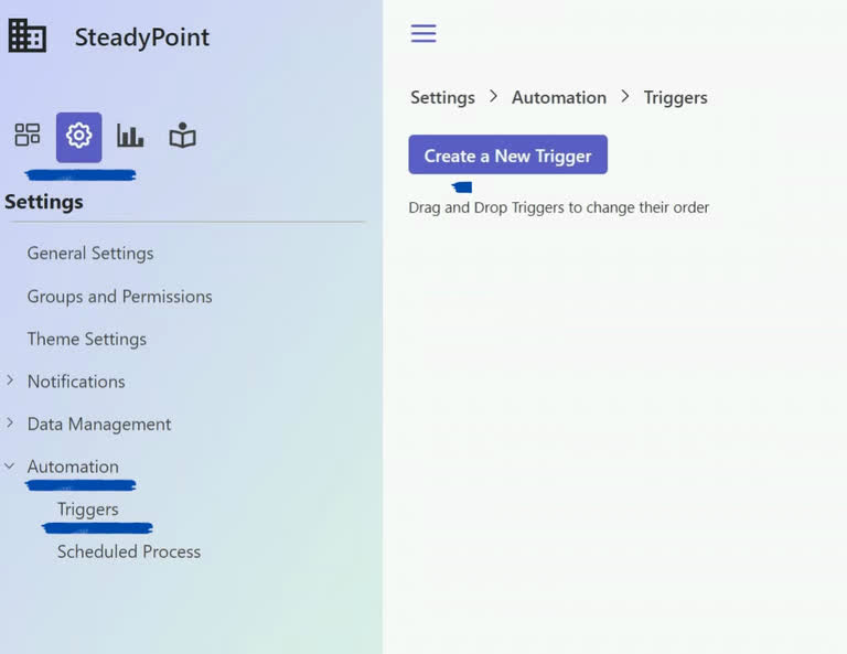 SteadyPoint Helpdesk screen showing create a trigger.