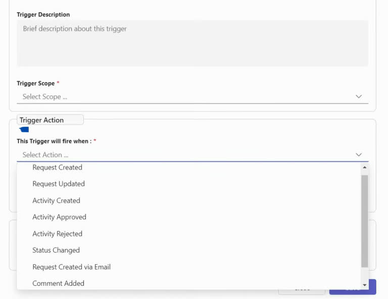 SteadyPoint Helpdesk screen showing trigger action.