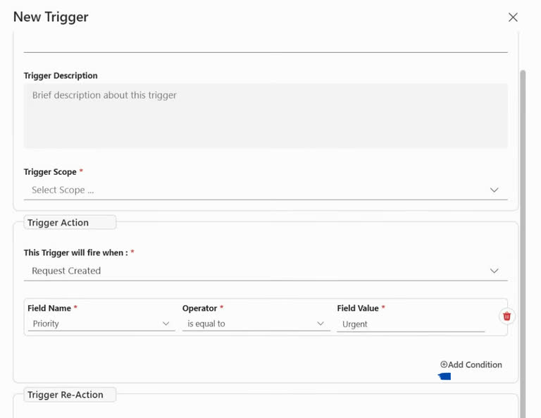 SteadyPoint Helpdesk screen showing trigger condition.