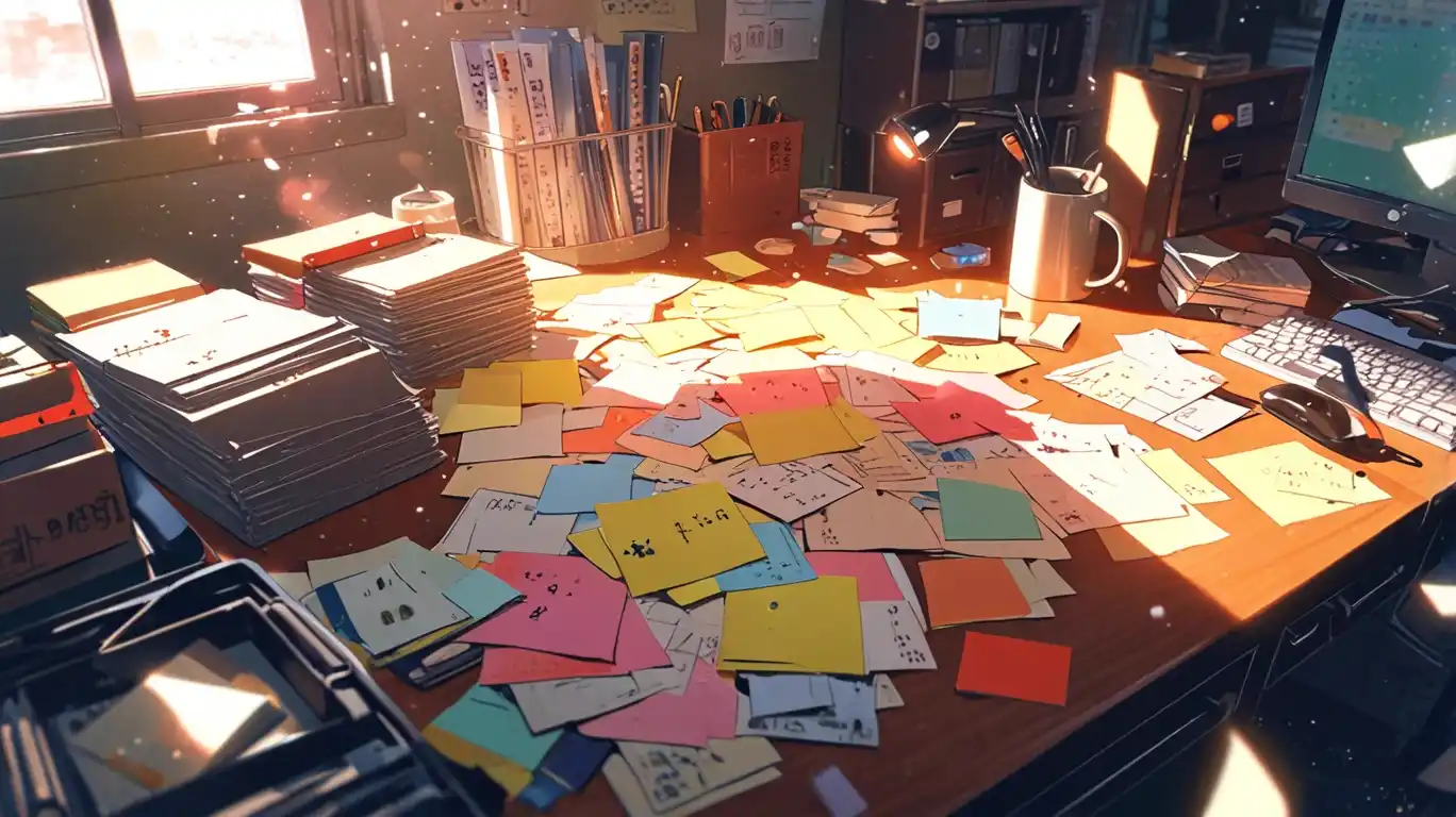 Cluttered support desk with scattered notes representing disorganized ticket handling.