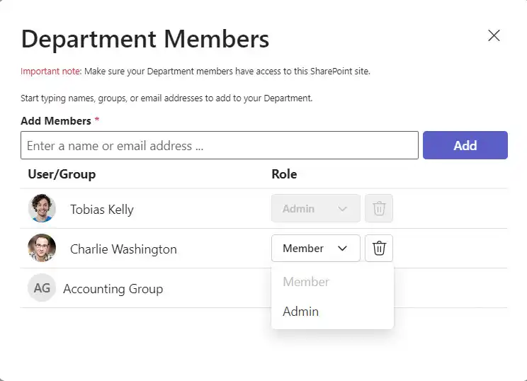 SteadyPoint Helpdesk screen showing department members.