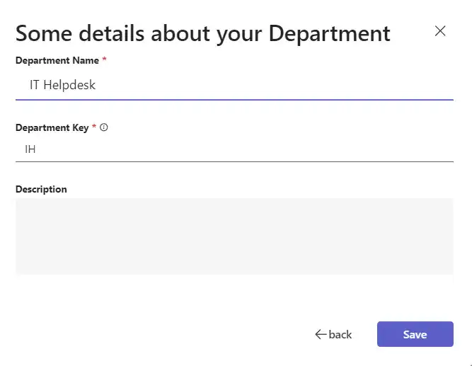 SteadyPoint Helpdesk screen showing department name page.