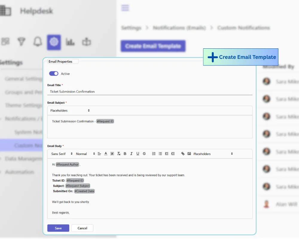 Customizable email notifications and templates for helpdesk